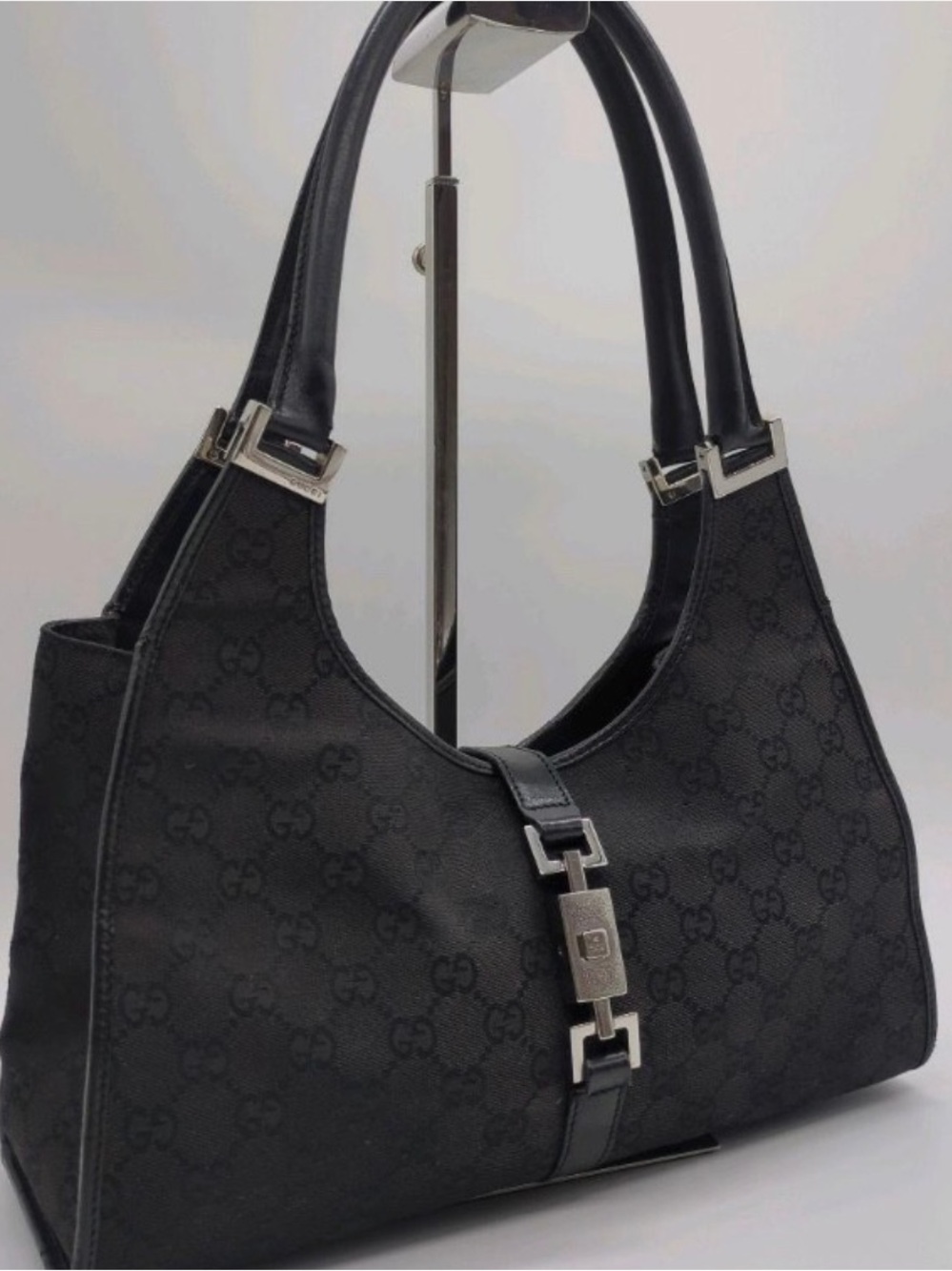 Gucci Jackie Black Monogram Canvas Shoulder Satchel